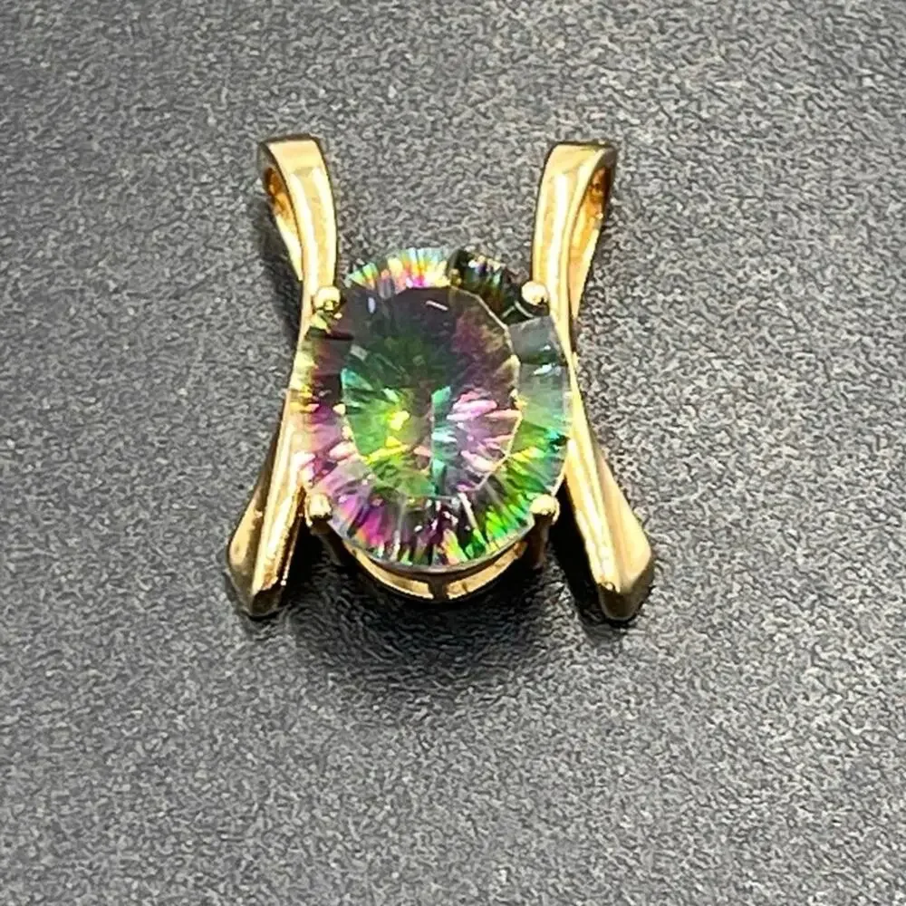 Yellow Gold 14k, 5 Ct Mystic Rainbow Topaz Glowing Gemstone Pendant Slider 3.7gr